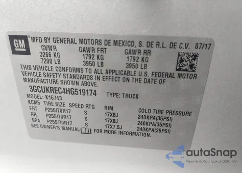 2017 Chevrolet Silverado 1500 1Lt z USA, uszkodzony, nr VIN 3GCUKREC4HG519174